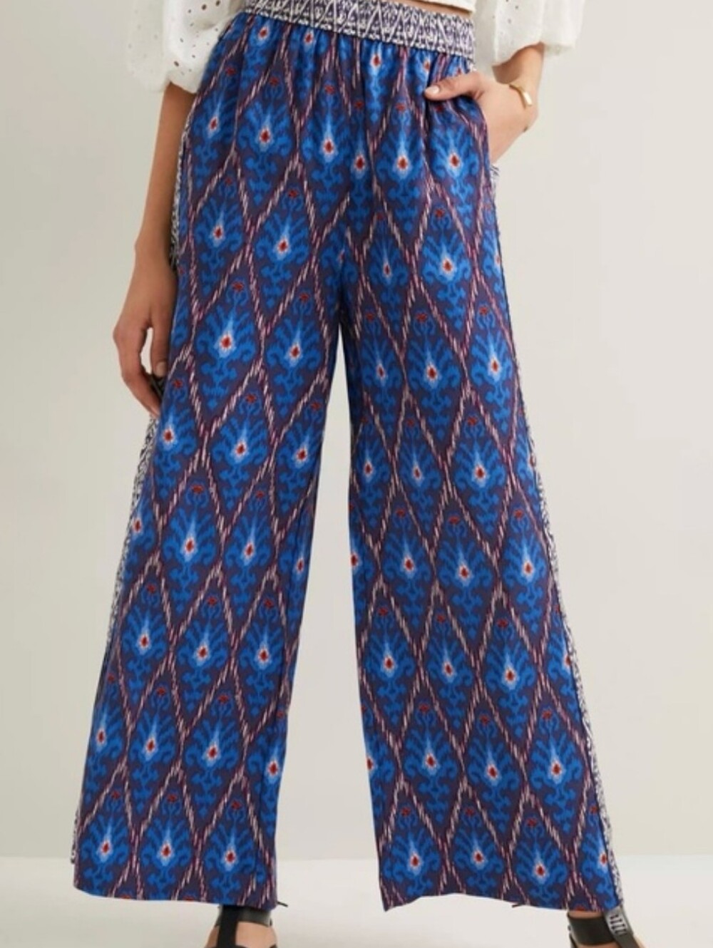 Anthropologie Boho Blue Ikat Patterned Wide-Leg Pants, Pull On, Pockets, Flowy